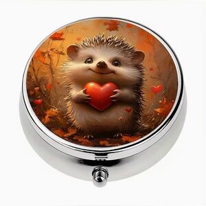 Hedgehog Valentines Heart Round Pill Organizer 3-Compartment Compact Pill Case